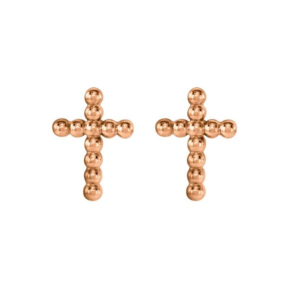 9mm Beaded Cross Post Earrings in 14k Rose Gold - Picture 2 of 3